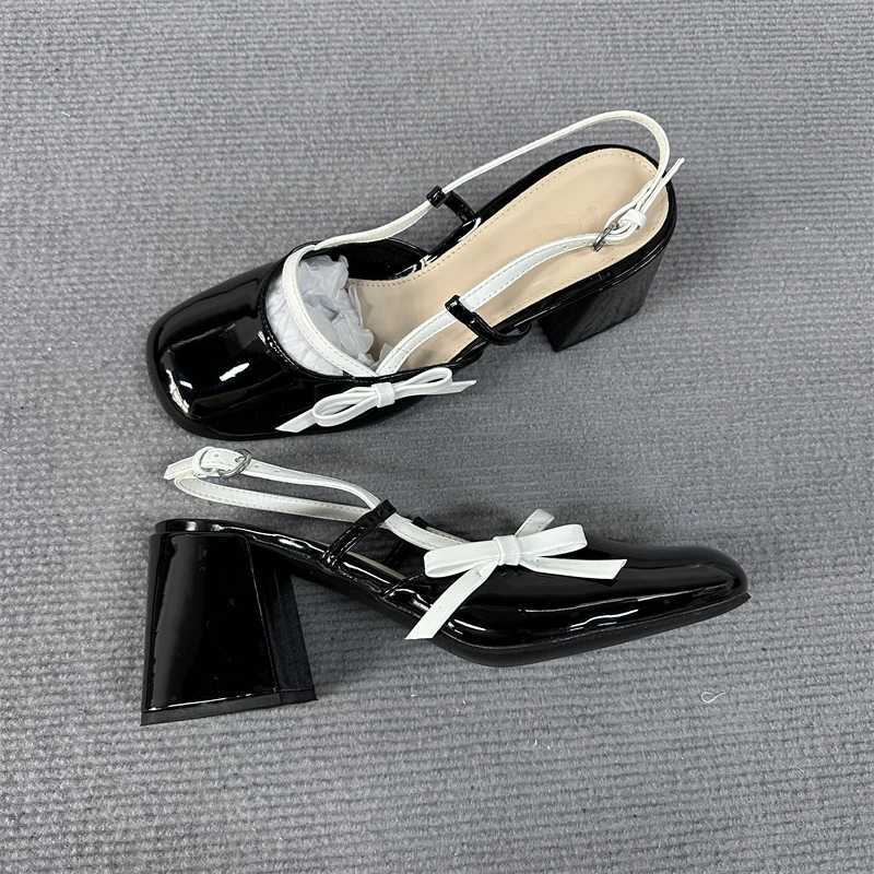 Womens Mary Jane Shoes Black Patent Leather Female Sandals Back Straps with Bowknot C260321