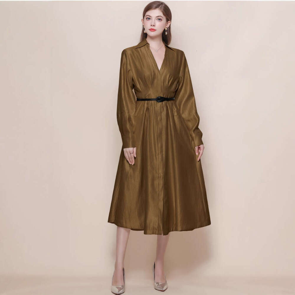 Designer French B15 luxury socialite waist cinched slim fit long sleeved V-neck windbreaker dress elegant women's mid length skirt