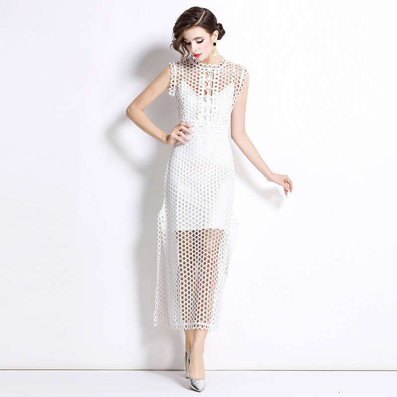 Summer New Designer French Fashionable Evening Dress Mature and Elegant Salt Style A14 Hollow Round Neck Split Sleeveless Dress