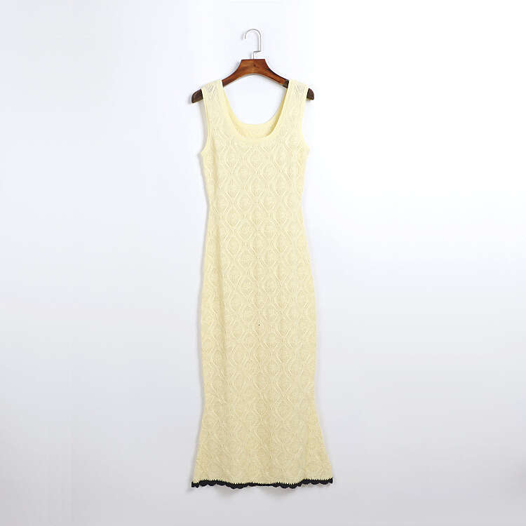 Summer Designer Fashionable Sleeveless Knitted Collar Diamond Jacquard Wave Edge Hem Dress for Date k30 and Vacation Slimming