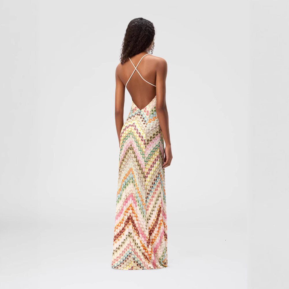 2025 European and American cross-border new foreign trade spliced long gown, lace strap dress, hand-knitted