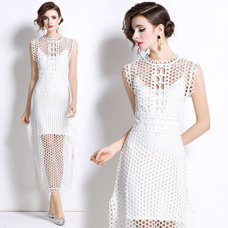 Summer New Designer French Fashionable Evening Dress Mature and Elegant Salt Style A14 Hollow Round Neck Split Sleeveless Dress