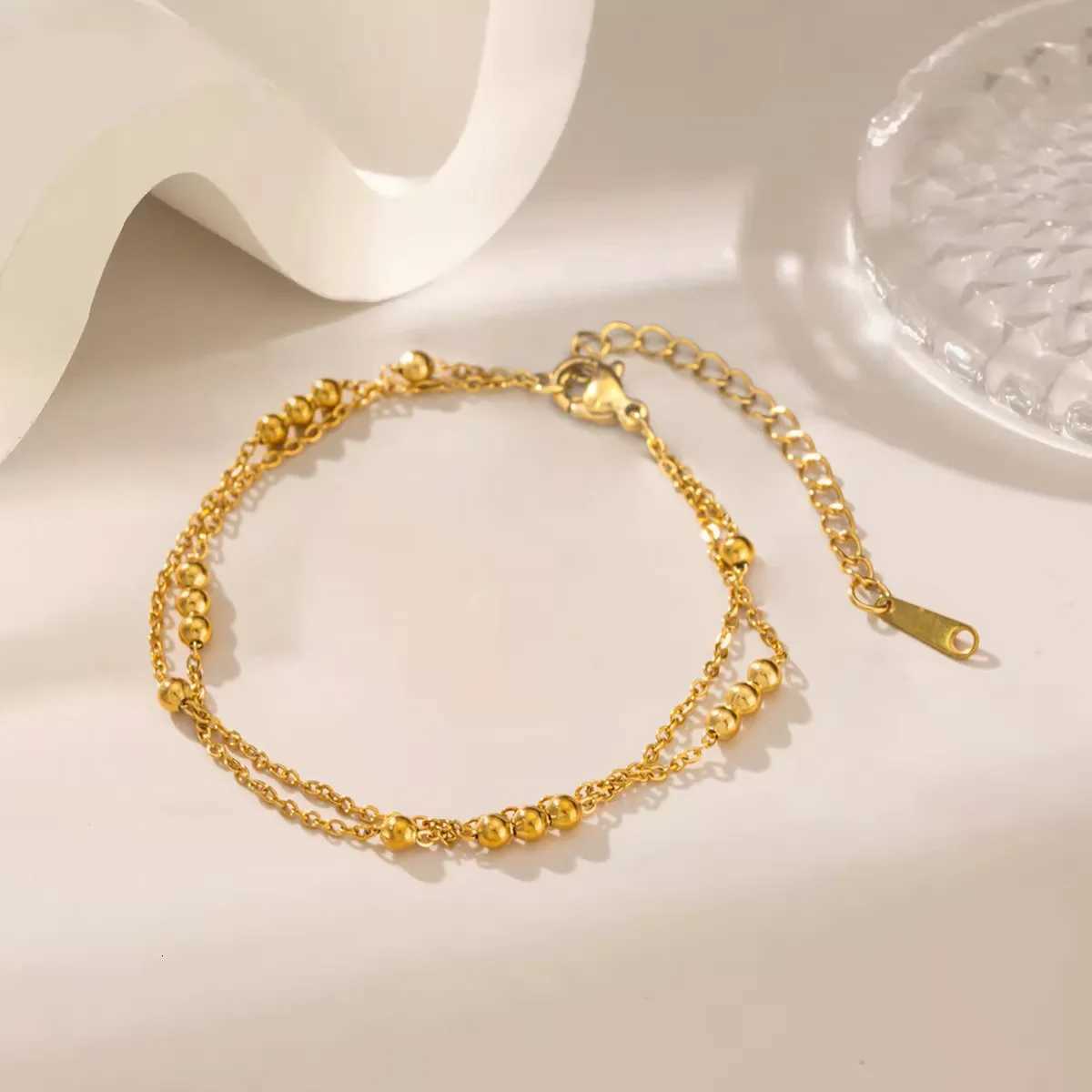 Gold Plated Small Round Beads Retro Double Layer Stainless Steel Jewelry for Women Birthday H260321 - view 4