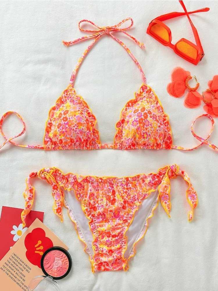Cute Women Bikini Set 2025 New Summer Orange Floral Print Halter Ruffles Push Up Tie Side Thong Swimsuit Bathing Suit M260321