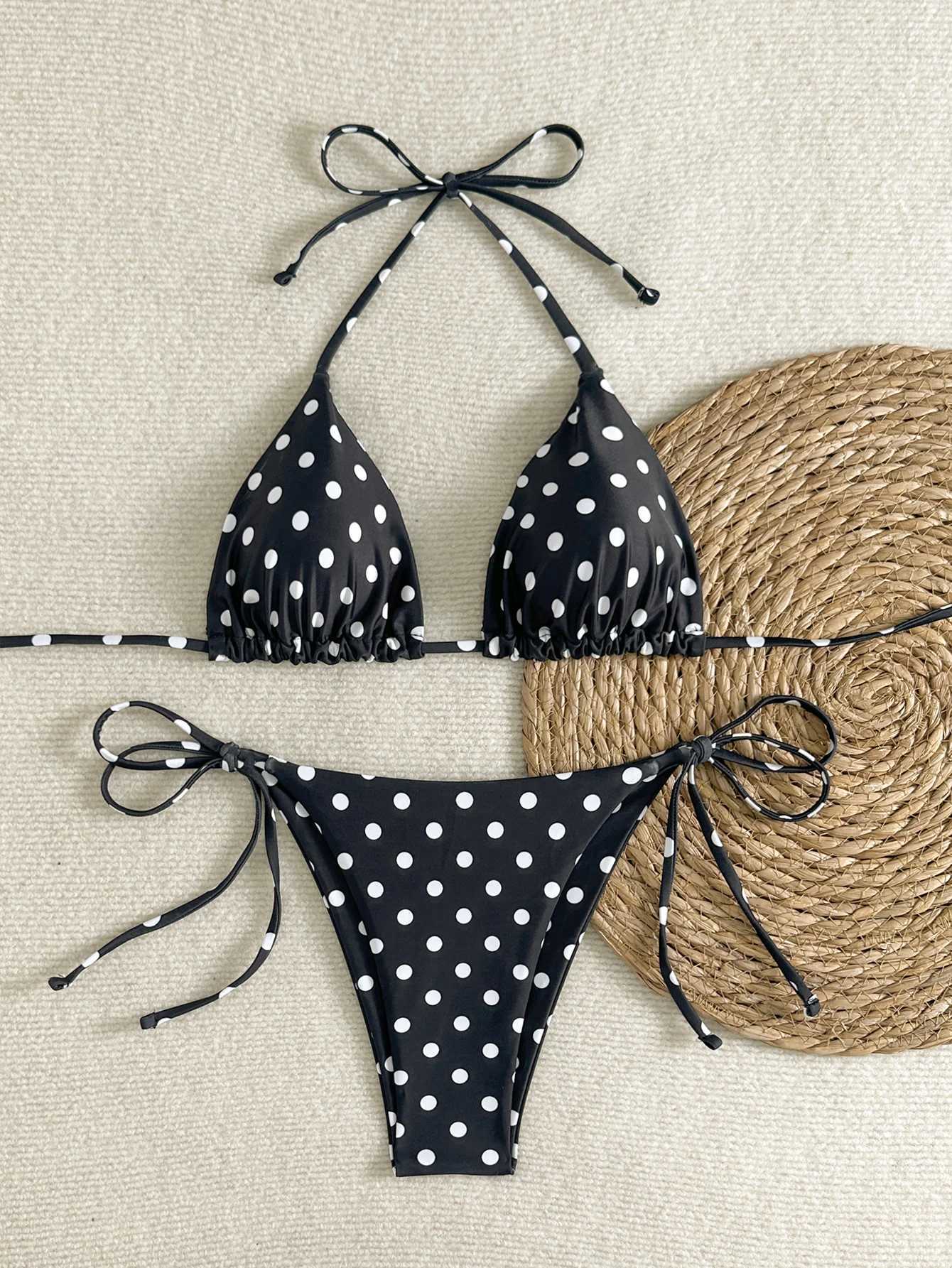 Womens Swimsuit Set Bikini Two-Piece Swimsuit Beach Vacation Swimwear Black and White Polka Dot Print Tie-Up Triangle Bottoms Halter Neck Triangle Bag
