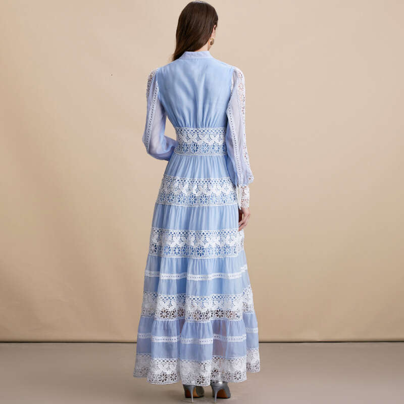 New B15 autumn and winter French long women's lace trimmed V-neck design lantern sleeves slim fit dress 2026