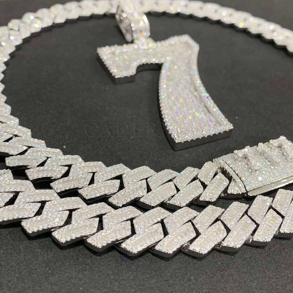 Hiphop Iced Out VVS Baguette Necklace 2.5In 7 Bling Rapper Moissanite Number Initial Pendant