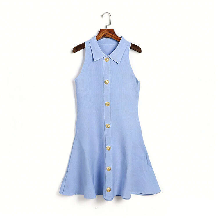 A12 Designer's new sleeveless knitted dress with fold over collar, metal single breasted waistband, A-line skirt