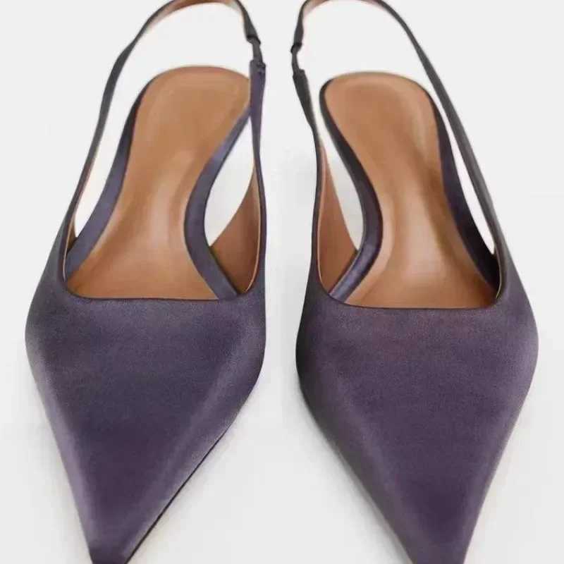 Elegant Purple Satin Low Heel Women Pumps Sexy Pointed Toe High Heels for Women Hollow Back Strap Mules Fashion Party Dress Shoe C260321