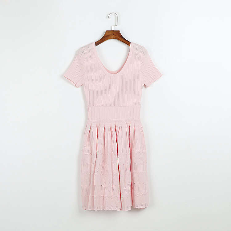 Summer designer pink double U-neck short sleeved knitted ribbed elastic hollow j29 pleated women's dress