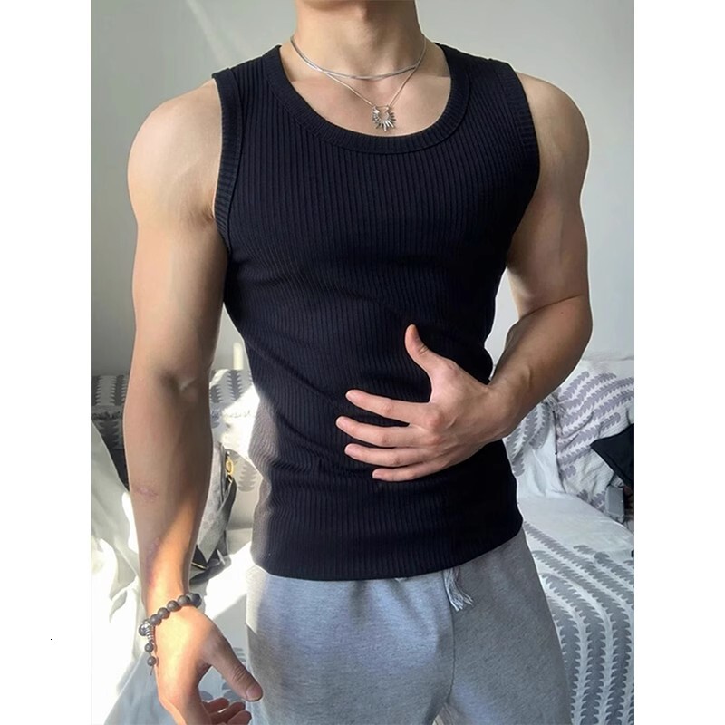 White Coarse Thread Tank Top Mens Summer Slim Fit Muscle-Enhancing Sleeveless T-Shirt American Style Fitness Sports Undershirt