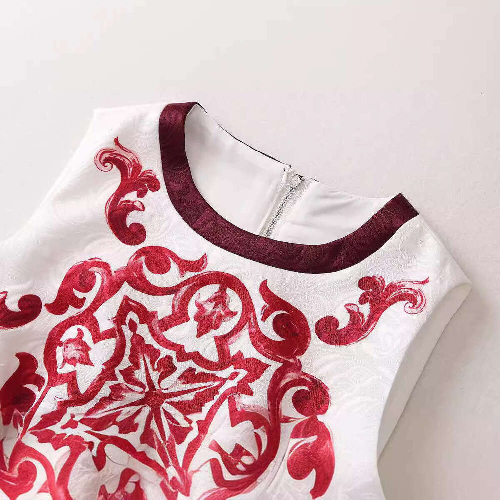 European and American new designer high-quality jacquard cotton red flower porcelain printed vest A13 A-line skirt women's clothing