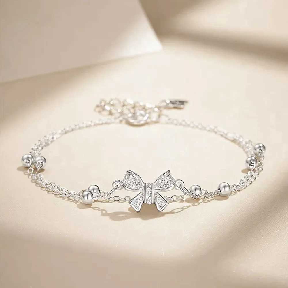 925 Sterling Silver Double Layer Bownot For Women Vintage Korean Sparking Zircon Chain Party Fine Jewelry H260321 - view 4