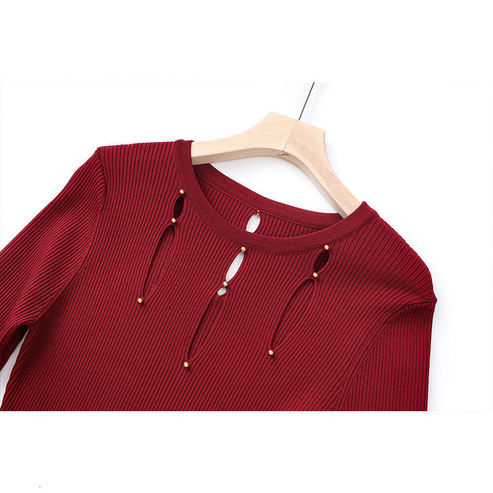 2026 S6 Spring/Summer Designer Long Sleeve Hollow Design Bead Waist Slimming Open Skirt Women's Knitted Dress