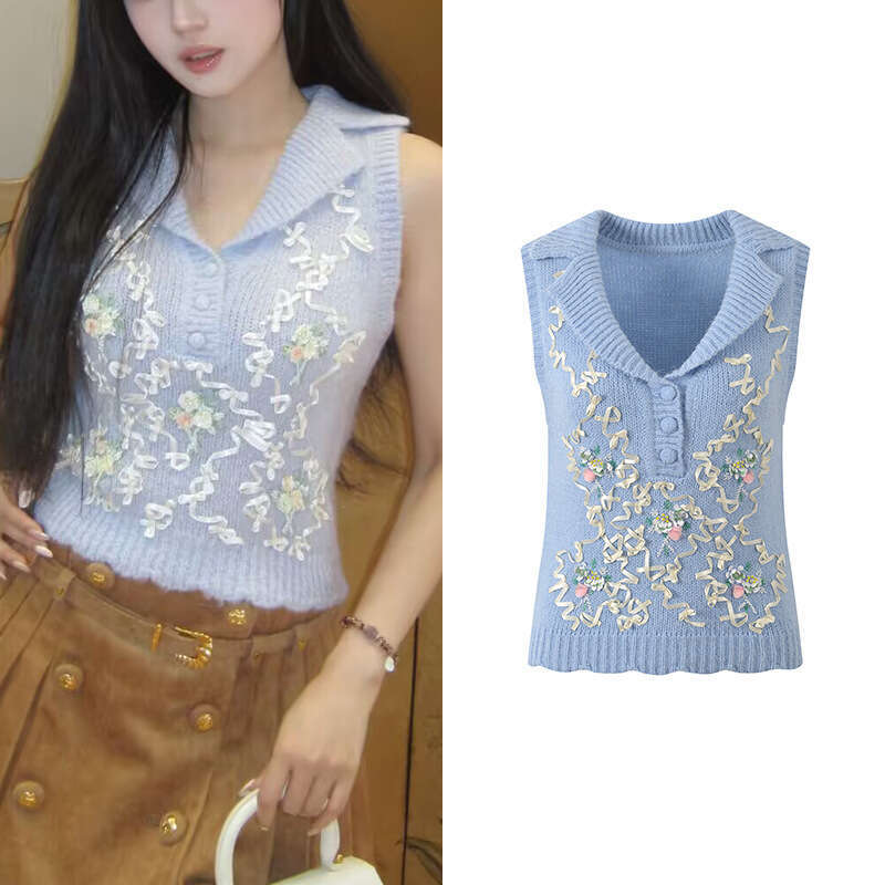 2026 Spring/Summer New Designer's Fresh S6 and Soft Beaded Flower Collar Fashionable Slim Knitted Tank Top