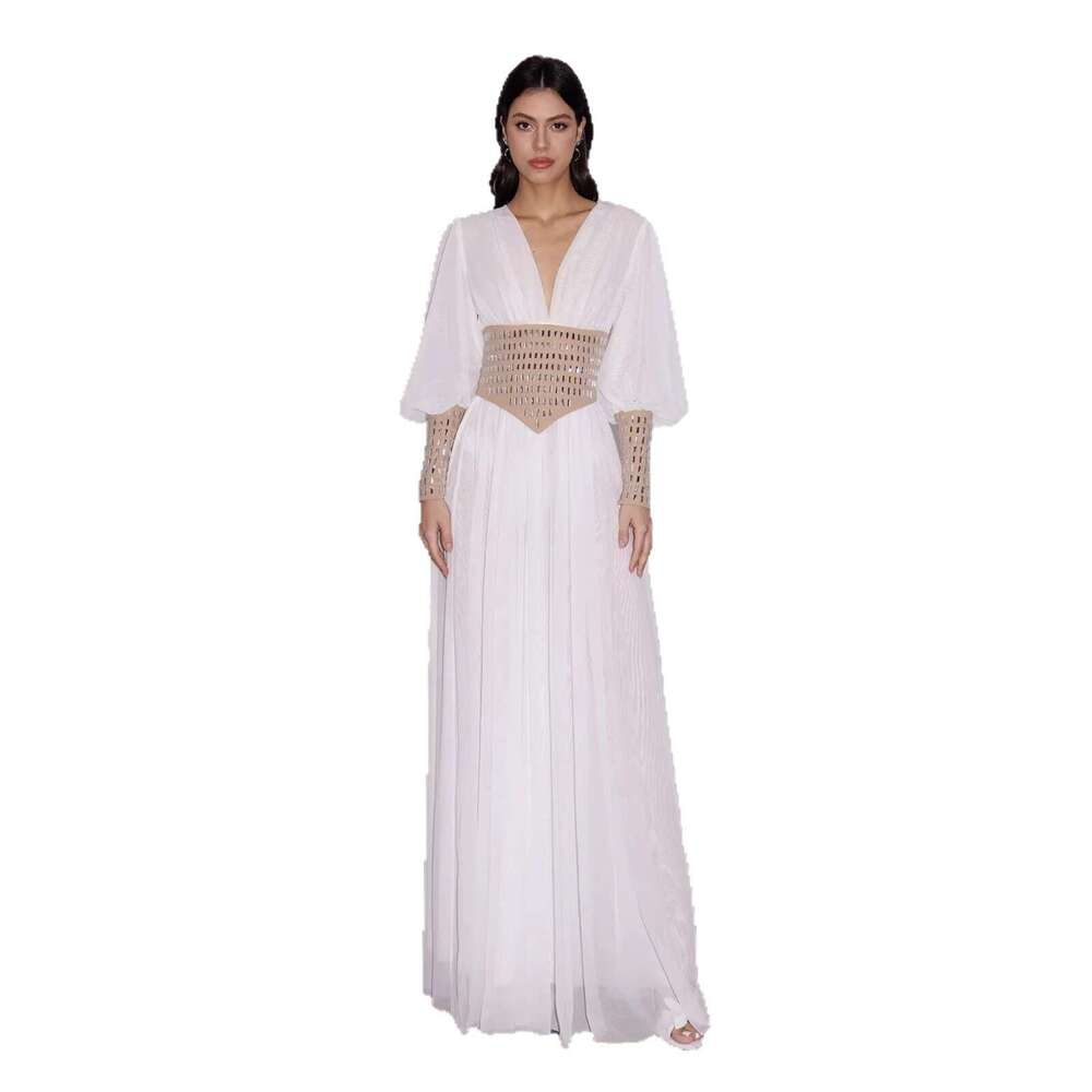 2026 Spring New Designer Bohemian A4 Style V-neck Hollow Lantern Sleeve Waist Fashion Long Dress
