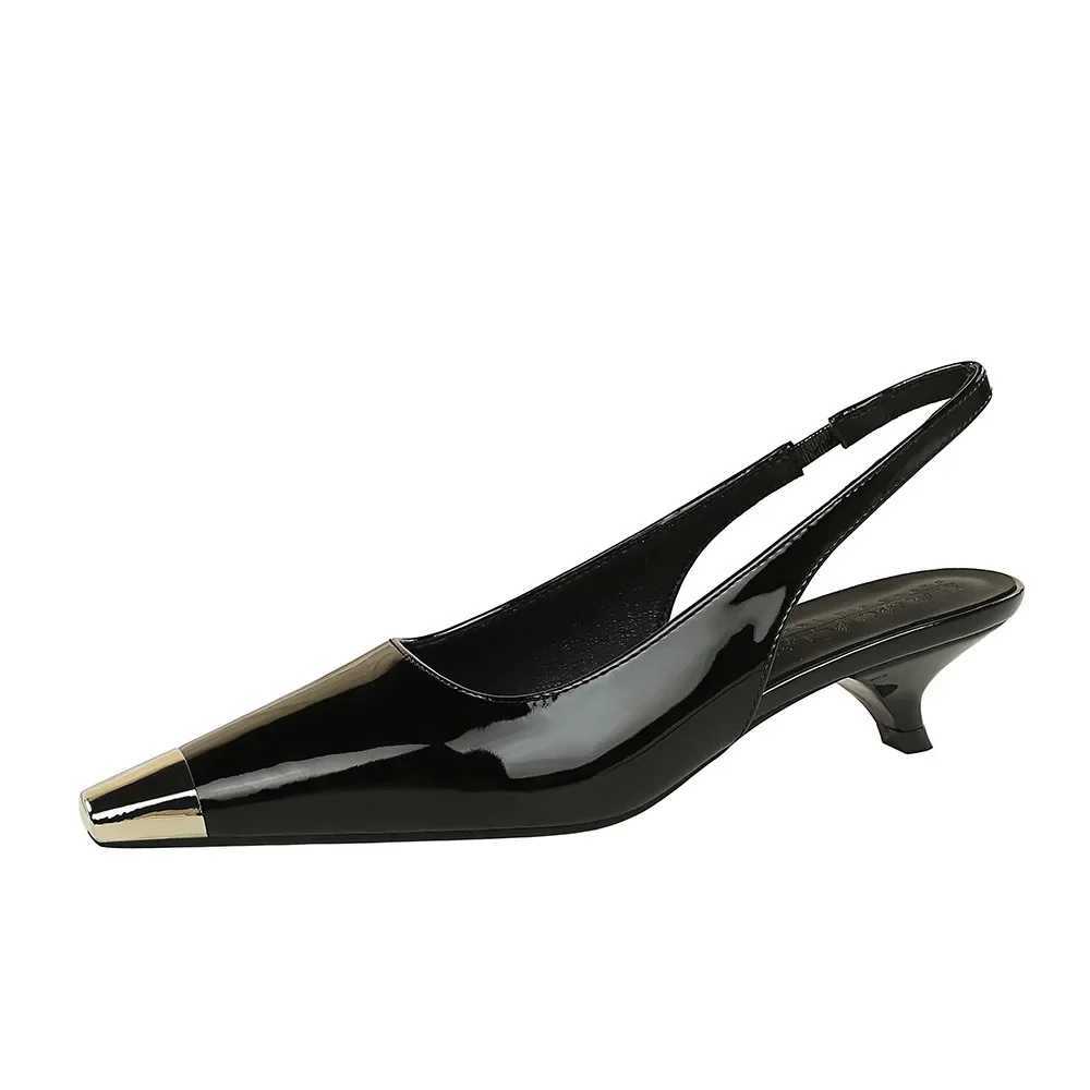 Shoes Banquet Thin Heel Shallow Mouth Womens Shoes Patent Leather Glossy Metal Head Rear Strap Thin Single Shoes Women C260321