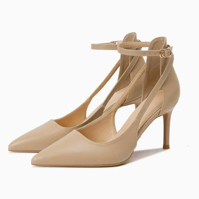 Ankle Strap Pointed Toe Women Slingback Pumps Black Matte Leather Hollow Stiletto High Heels Sandals 6CM and 8CM C260321