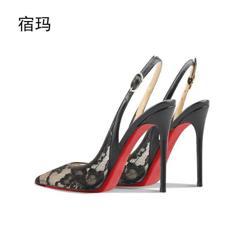 Black lace high-heeled sandals for the summer of 2025 new pointed thin heelshallow mouthcomfortable professional single shoe C260321
