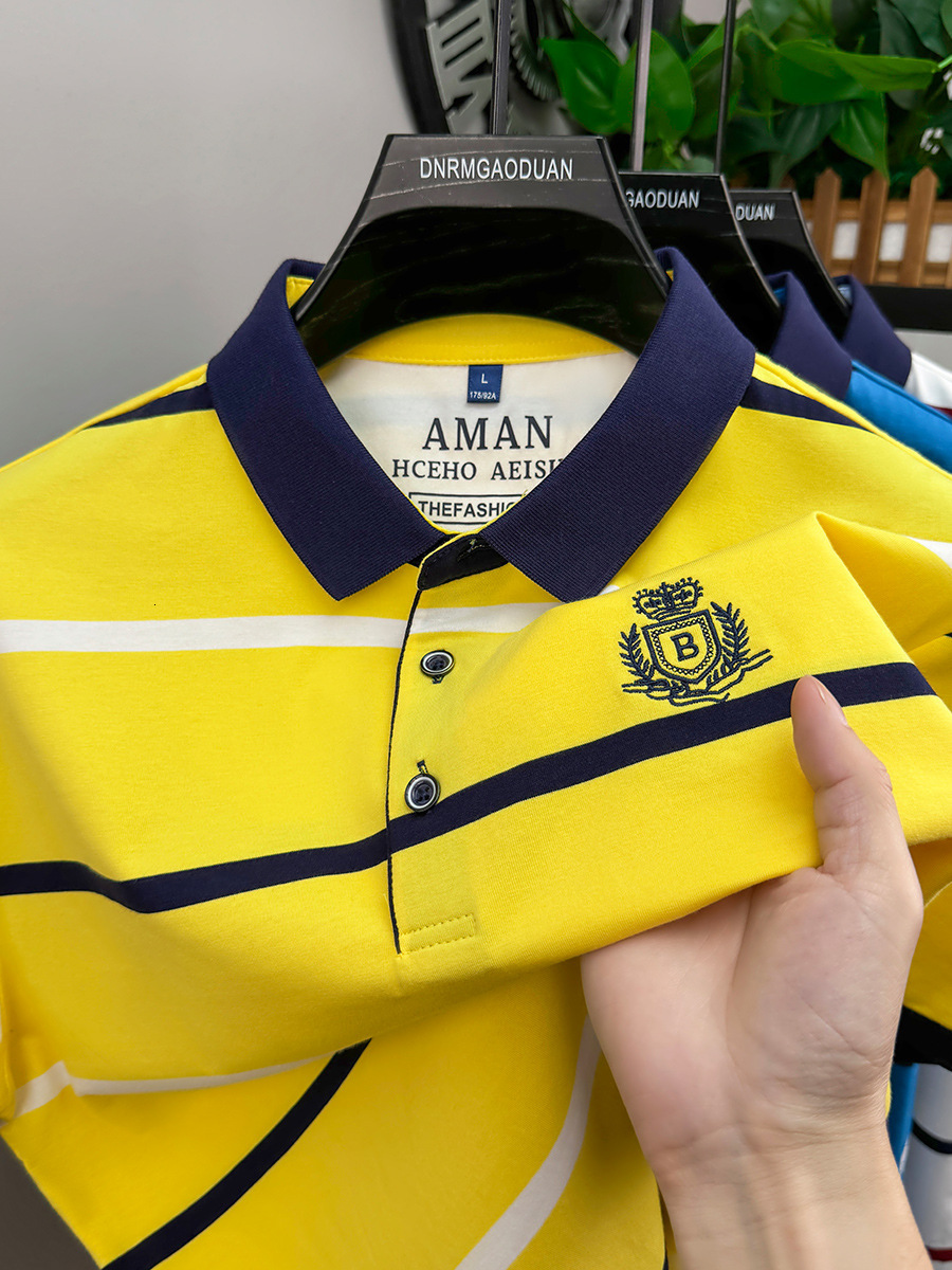 Luxury Brand Designer Men Clothing 2026 Summer Casual Striped Turn-down Collar T-shirt Breathable Short Sleeve Plus Size for Young and Middle-aged Men