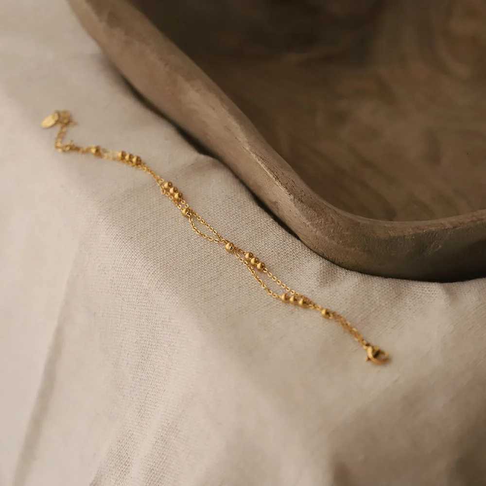 Gold Plated Small Round Beads Retro Double Layer Stainless Steel Jewelry for Women Birthday H260321 - view 5