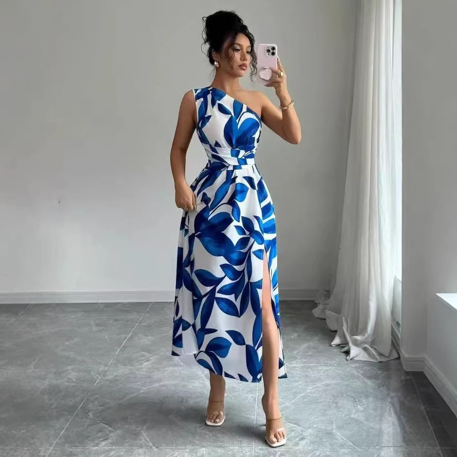2026 European And American Spring-summer Women's Popular Printed One-shoulder Slit Dress With A Waist-cinching Design Elegant Designer Dress Resort-style Dress