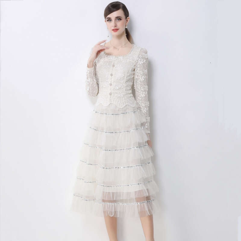 Designer French high-end elegant A14 fairy lace long sleeved women's spring and autumn lightweight sequin patch mesh cake skirt