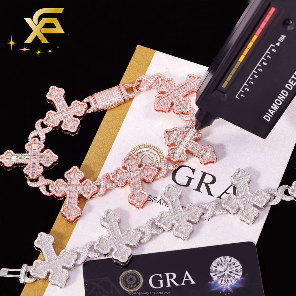 Sterling Silver Iced 925 Out Infinity Cross Link VVS Baguette Diamond Hiphop Jewelry Cuban Moissanite Bracelet Jewelry77