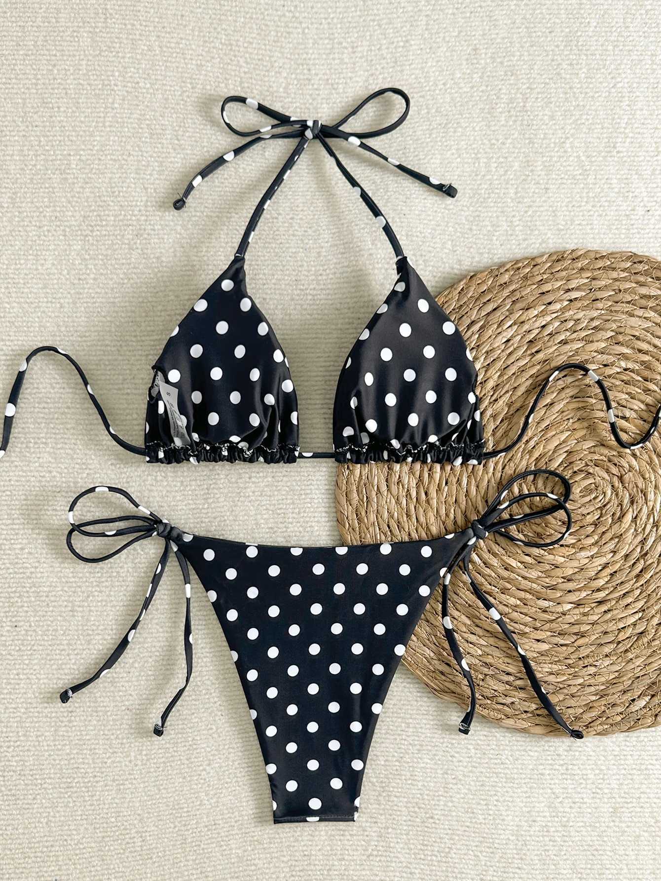 Womens Swimsuit Set Bikini Two-Piece Swimsuit Beach Vacation Swimwear Black and White Polka Dot Print Tie-Up Triangle Bottoms Halter Neck Triangle Bag