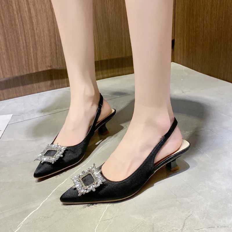 Square Back Hollow Stiletto Heel Pointed Toe Shoes Baotou Sandals for Women New Summer Rhinestone C260321