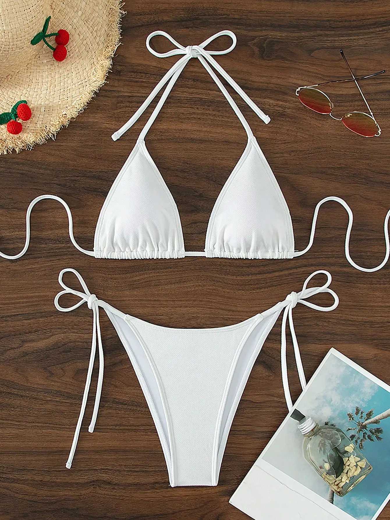 Summer white pure simple front-tie bikini swimsuit set M260321