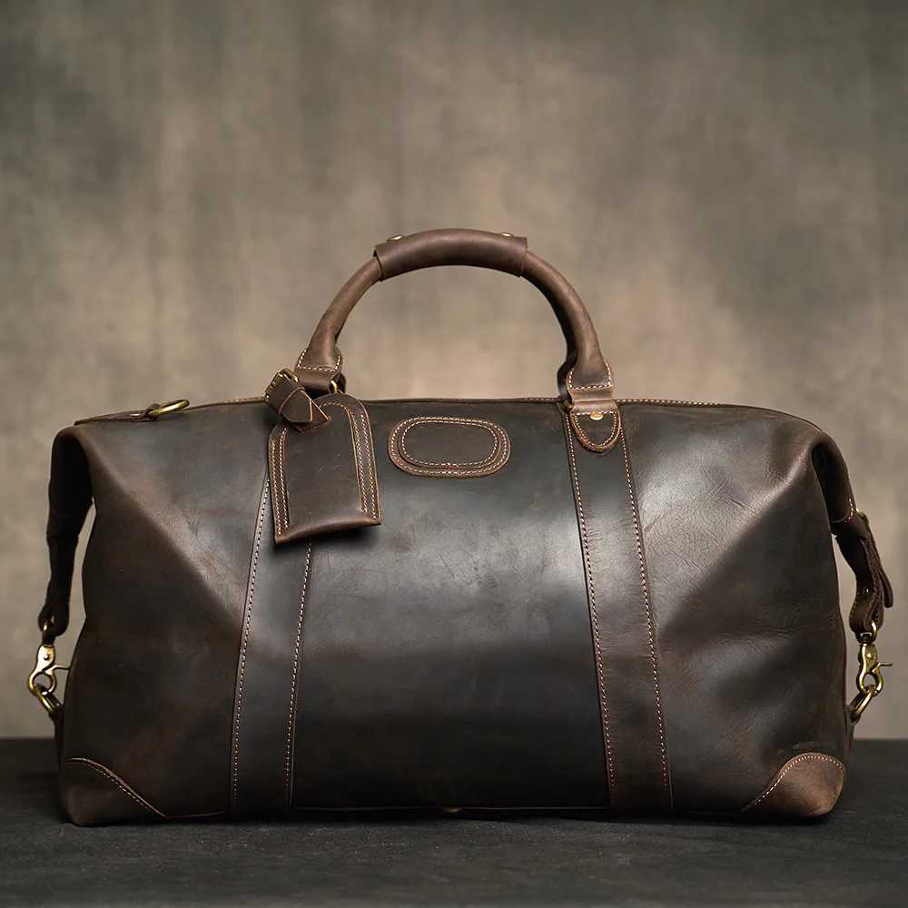 Customised Laser Engraving Crazy Horse Genuine Leather Men Travel Bag Real Leather Travel Duffel Male Luuage Handbag Duffle H260321