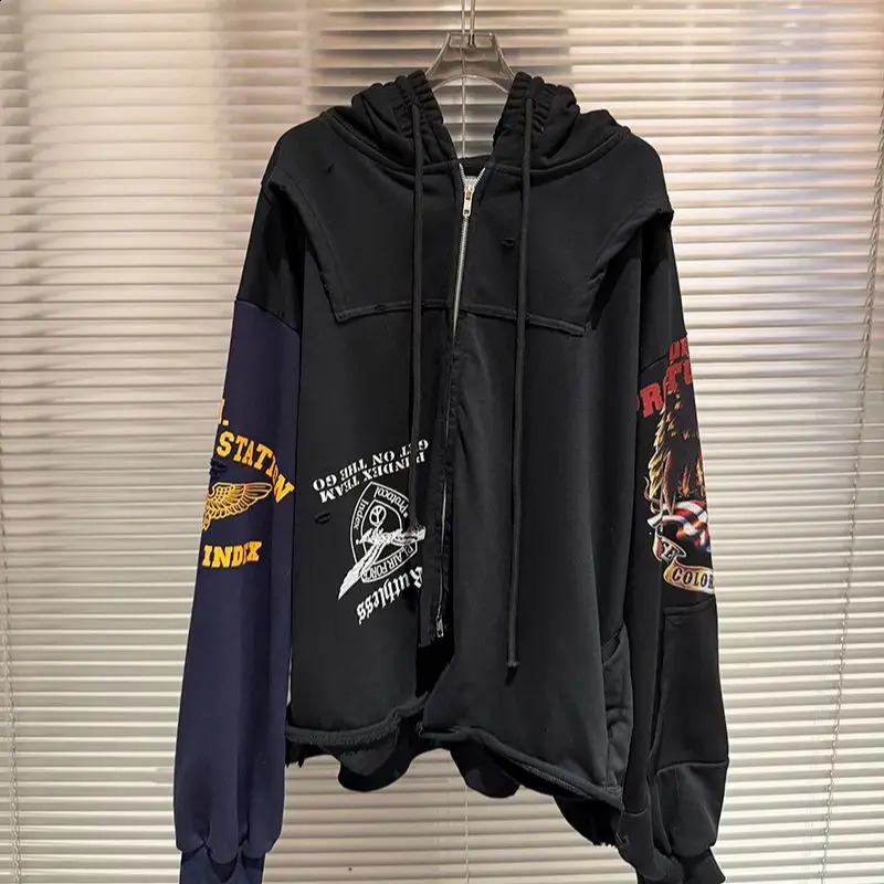 Black Grey Fashion Streetwear Eagle Protocol index Hoodies Men Woman Vintage Damaged Hole Old Sweatshirts Good Quality 260318