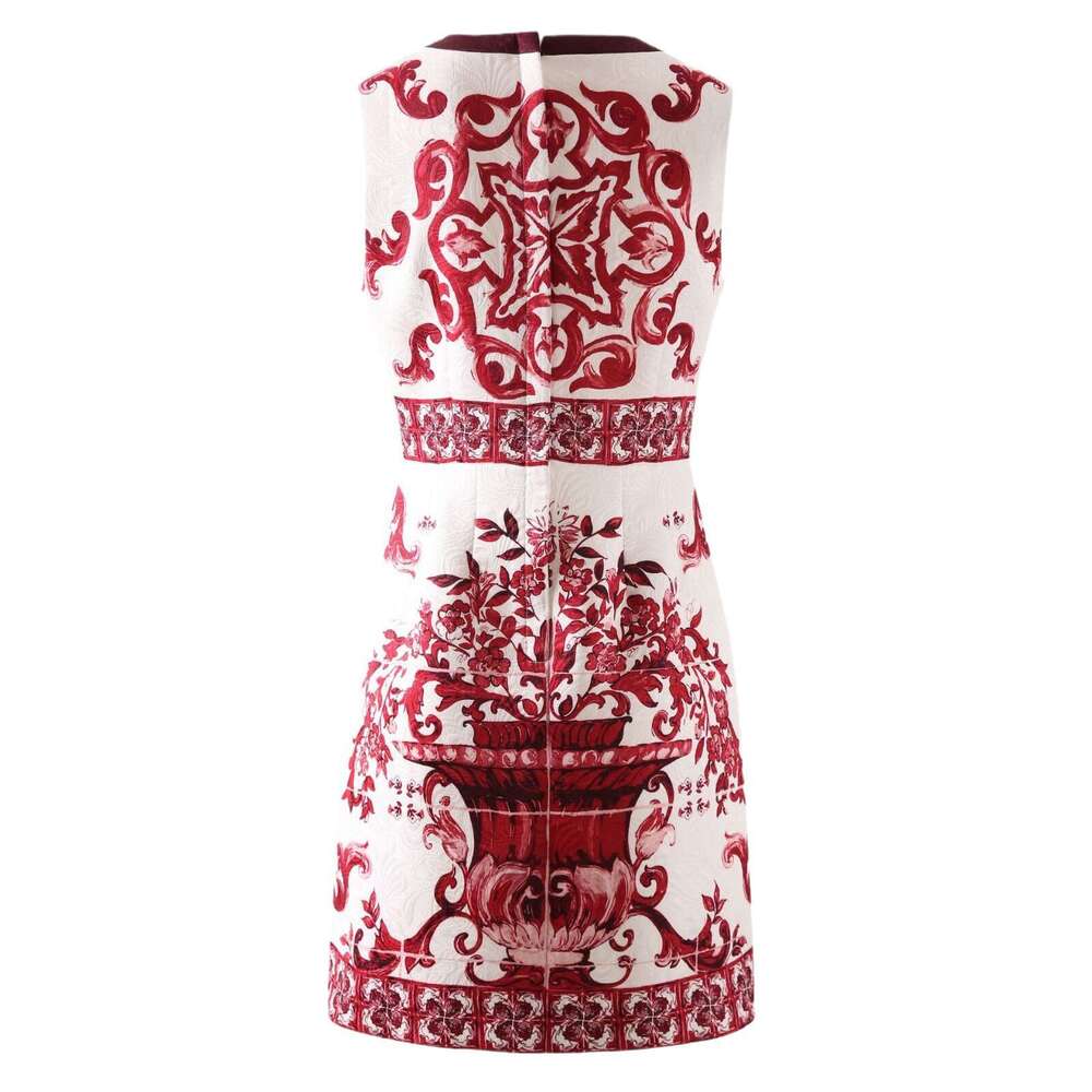 European and American new designer high-quality jacquard cotton red flower porcelain printed vest A13 A-line skirt women's clothing