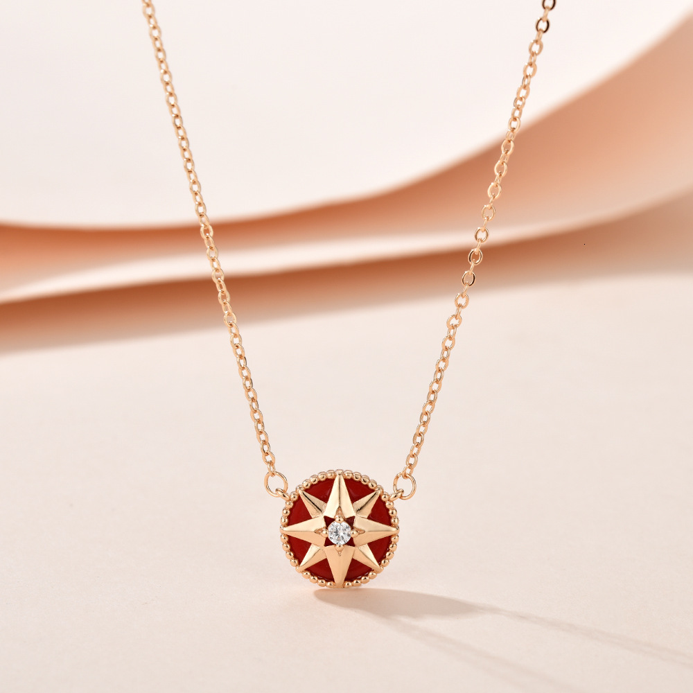 Style Niche Round Natural White Mother-Of-Pearl Eight-Pointed Star Compass Copper Pendant Necklace Fashionable Women's Accessories Collarbone Cha