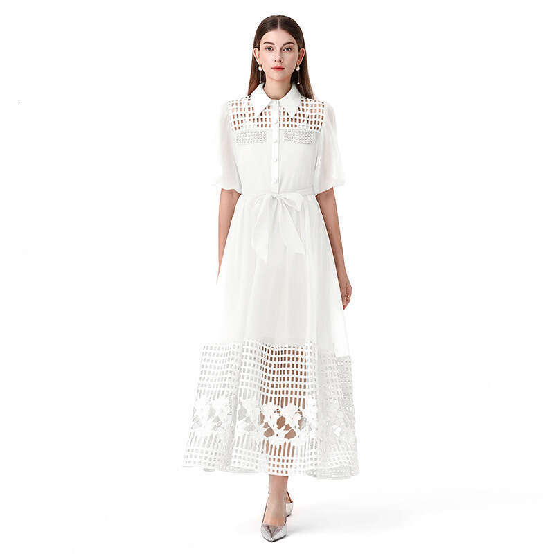 Spring/Summer Designer French Women's Collar Single breasted A14 Hollow Beaded Lace Splicing Long Belt Fairy Skirt