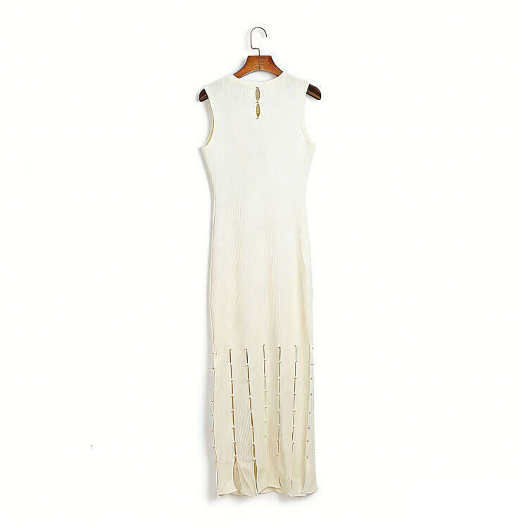 Summer New Sleeveless Round Neck Knitted Long Skirt with A12 Ribbed Hollow Design and Gold Beads Adorned with Fork Up Dress