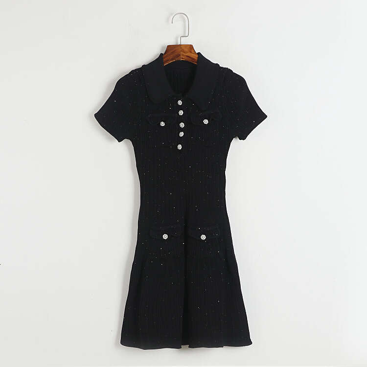 2026 summer new designer sequin k30 ribbed elastic waist doll collar knitted dress short sleeved