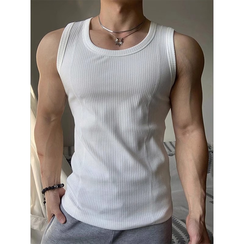 White Coarse Thread Tank Top Mens Summer Slim Fit Muscle-Enhancing Sleeveless T-Shirt American Style Fitness Sports Undershirt