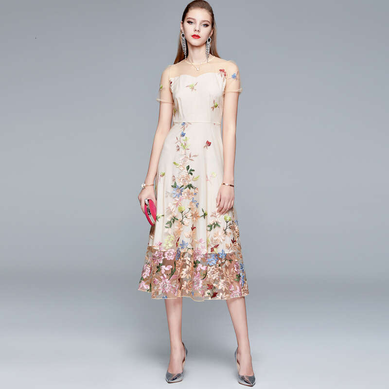 Women's mesh k30 embroidered flower 2026 summer new designer round neck slim fit waist tightening elegant fairy skirt