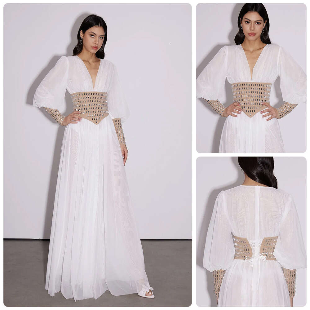 2026 Spring New Designer Bohemian A4 Style V-neck Hollow Lantern Sleeve Waist Fashion Long Dress