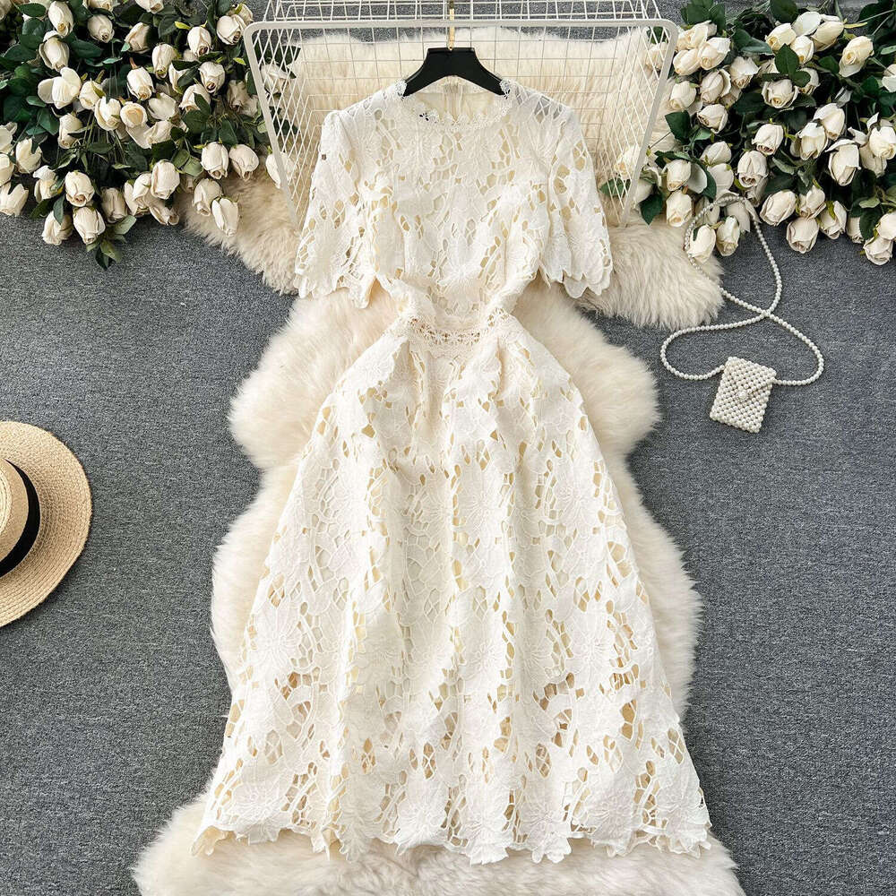 Fashionable and elegant short-sleeved round-neck waist-cinching slimming mid-length B15 A-line dress with hollow-out water-soluble lace