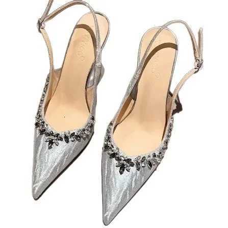 Summer Fairy Style Pointed Toe High Heels Silver Sandals Comfortable Thin Heel Single Shoes Rubber Sole Artificial Leather C260321