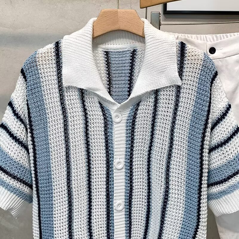 Luxury Brand Designer American-style striped high street tank top knit shirt men summer simple and casual with a relaxed feel collared hollowed-out ha