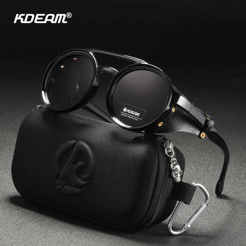 KDEAM Vintage Round Sunglasses Men Women Leather Shield Sun Glasses Twin Bridge Designed Shade KD179 26Y0321