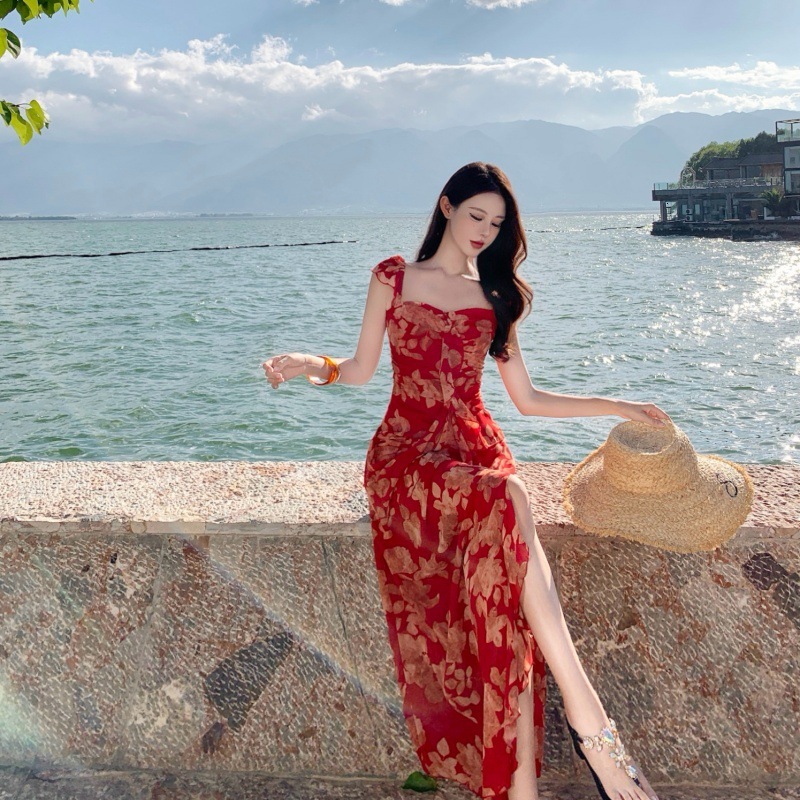 Spring/summer Vintage Red Square-neck Jacquard Dress For Women Designer Dress Summer Holiday Style Slim-fit Long Dress For Women