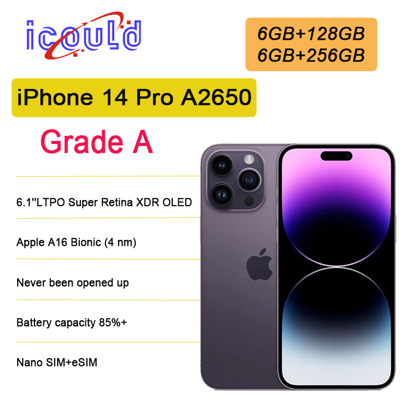 Grade A Used iPhone Original Unlocked iphone 14 Pro Cellphone 6GB RAM128GB/256GB/512GB/1TB ROM A16 IOS NFC 5G MobilePhone with 1SIM 1eSIM Support Face ID