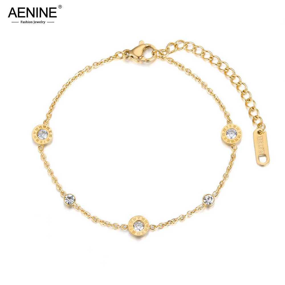 AENINE Fashion Roman Numerals Cubic Zirconia Chain Link Jewelry Titanium Steel Charms For Women AB18019 H260321 - view 3