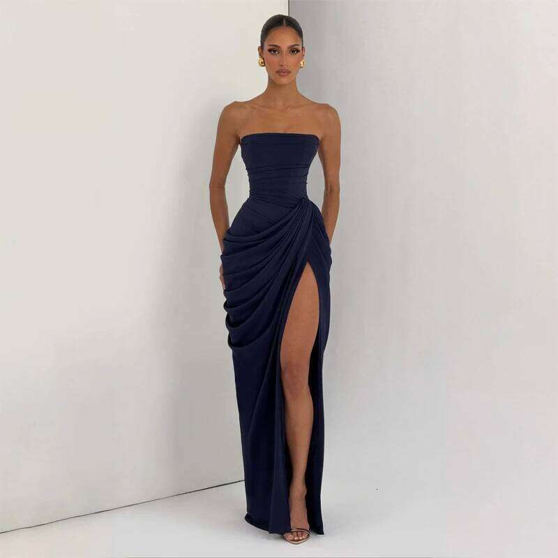 Women Sexy Solid Pleated Strapless Dress Lady Chic Off-Shoulder Backless High Waist Split Dresses 2026 New Evening Party Gown Gowns Elegant