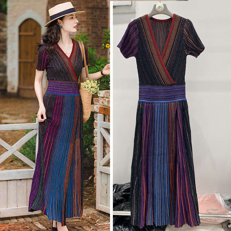 2026 e22 autumn and winter new designer gradient color striped gold wire waist elastic slit dress